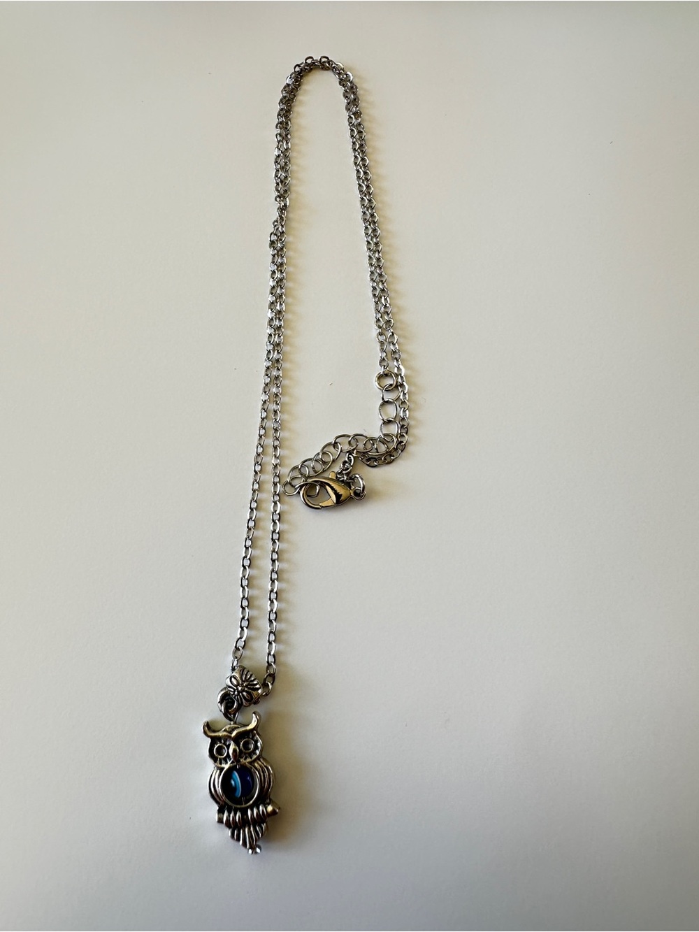 Silver Owl Pendant Necklace with Blue Accent